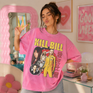 Oversized Washed Pink Graphic T-Shirt – Retro Movie-Inspired Streetwear Tee for Women