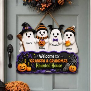 Halloween Welcome To Grandma Grandpa Haunted House Cute Boo Kids - Personalized Wood Sign
